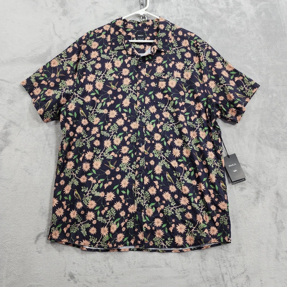 NEW RVCA Shirt Mens 2XL Blue Floral Tropical Short Sleeve Button Front Casual